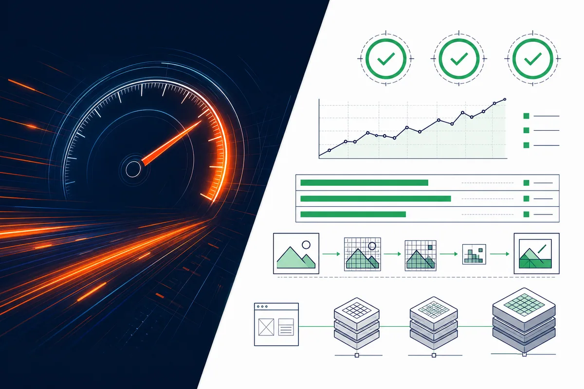 Performance visual showing speed, Core Web Vitals and optimised delivery