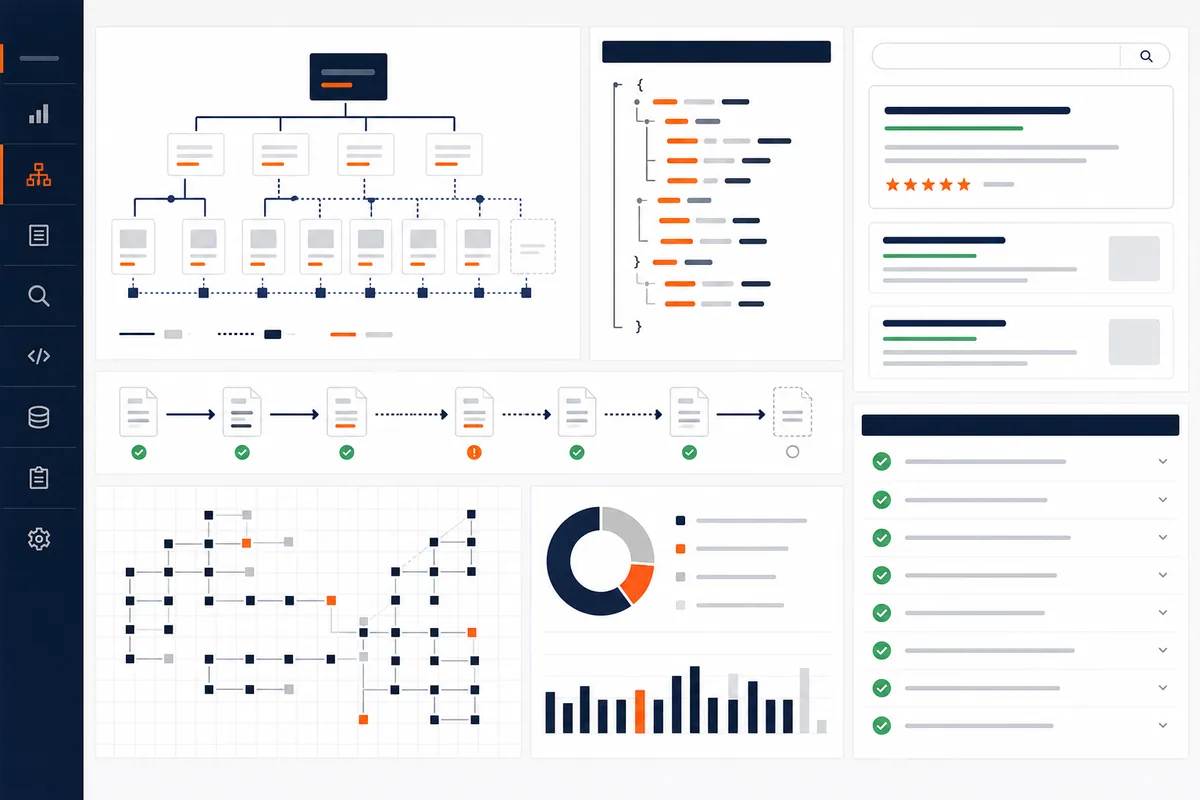 Technical SEO dashboard showing site architecture, structured data and validation